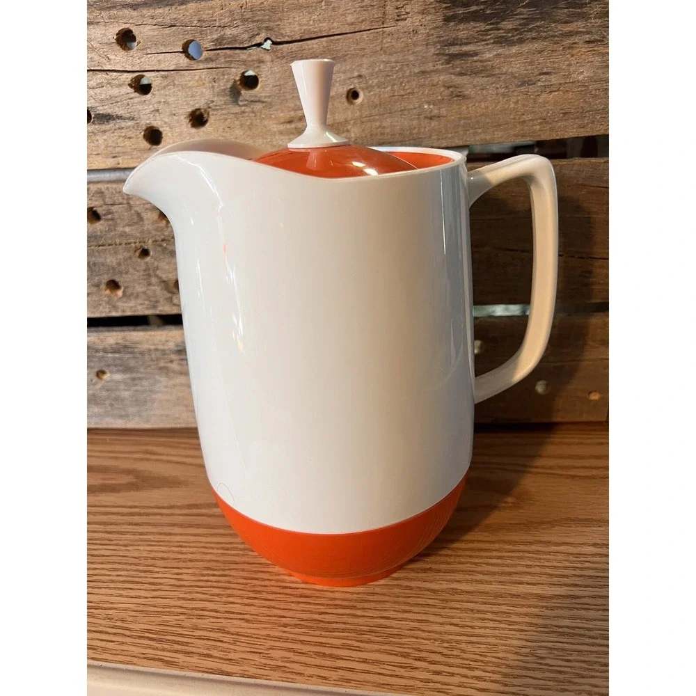 THERMOS VTG Mid Century INSULATED WARE White Orange Hot/Cold Pitcher Carafe Lid‎